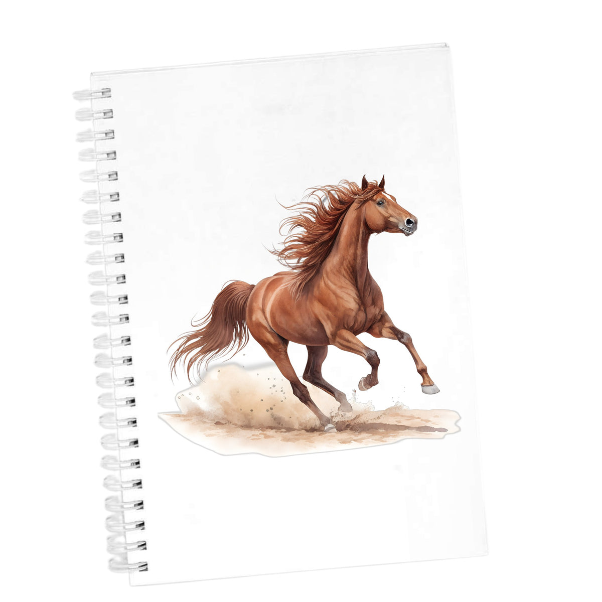 Chestnut Horse Galloping UV DTF sticker applied to the cover of a white spiral journal