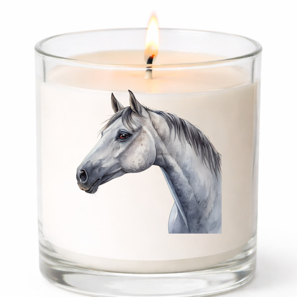 Dapple Gray Horse Portrait UV DTF sticker applied to a white candle in a clear glass jar