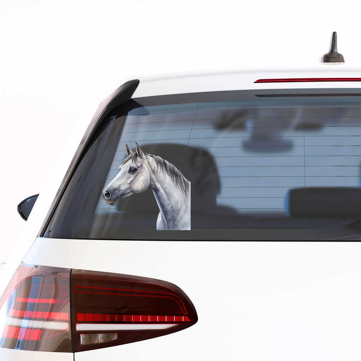 Dapple Gray Horse Portrait UV DTF sticker applied to the rear window of a white car