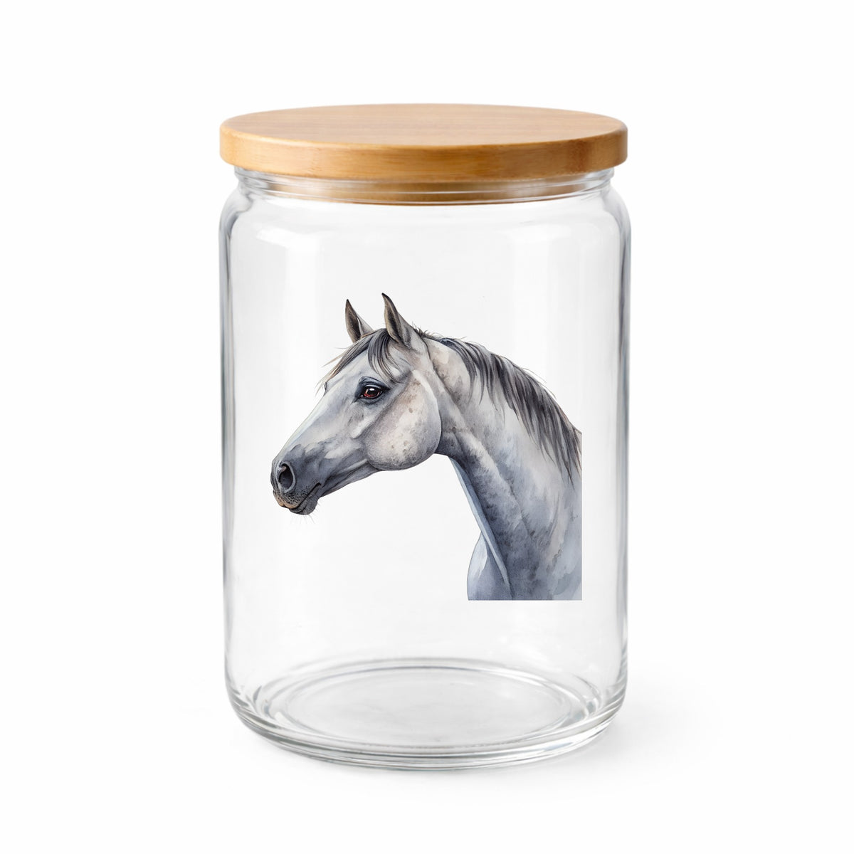 Dapple Gray Horse Portrait UV DTF sticker applied to a clear glass jar with a wooden lid