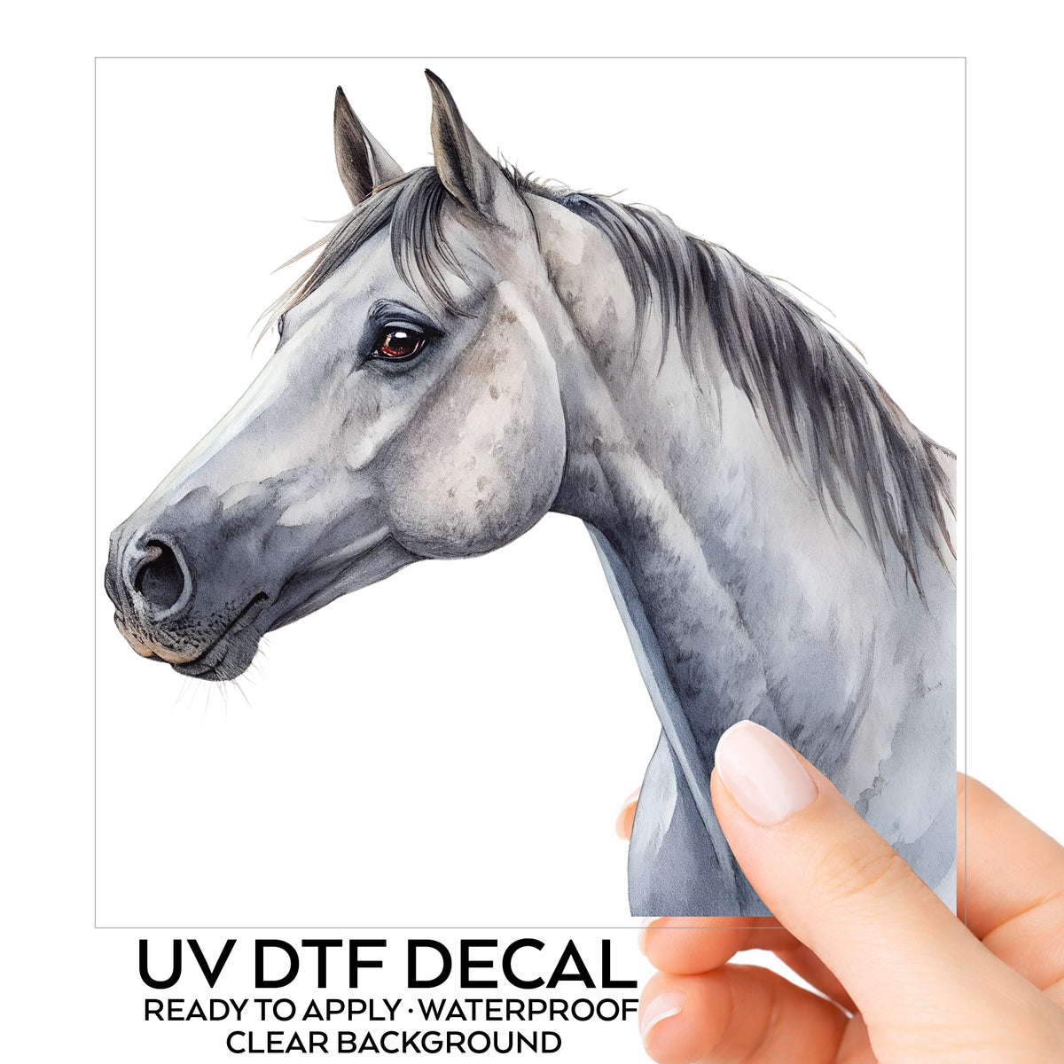 Dapple Gray Horse Portrait UV DTF sticker on its backing card, held in hand