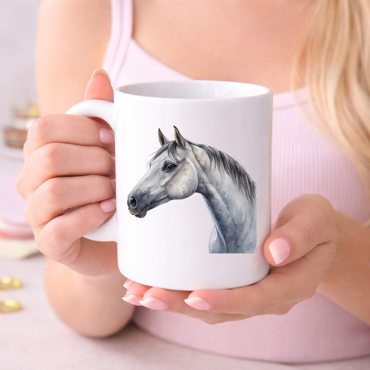 Dapple Gray Horse Portrait UV DTF sticker applied to a white coffee mug held in both hands