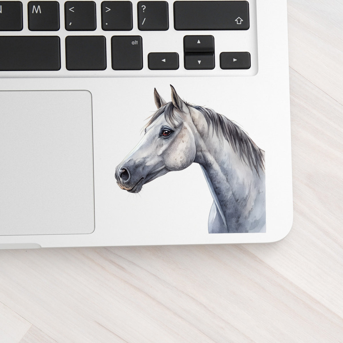 Dapple Gray Horse Portrait UV DTF sticker applied to a silver laptop beside the keyboard