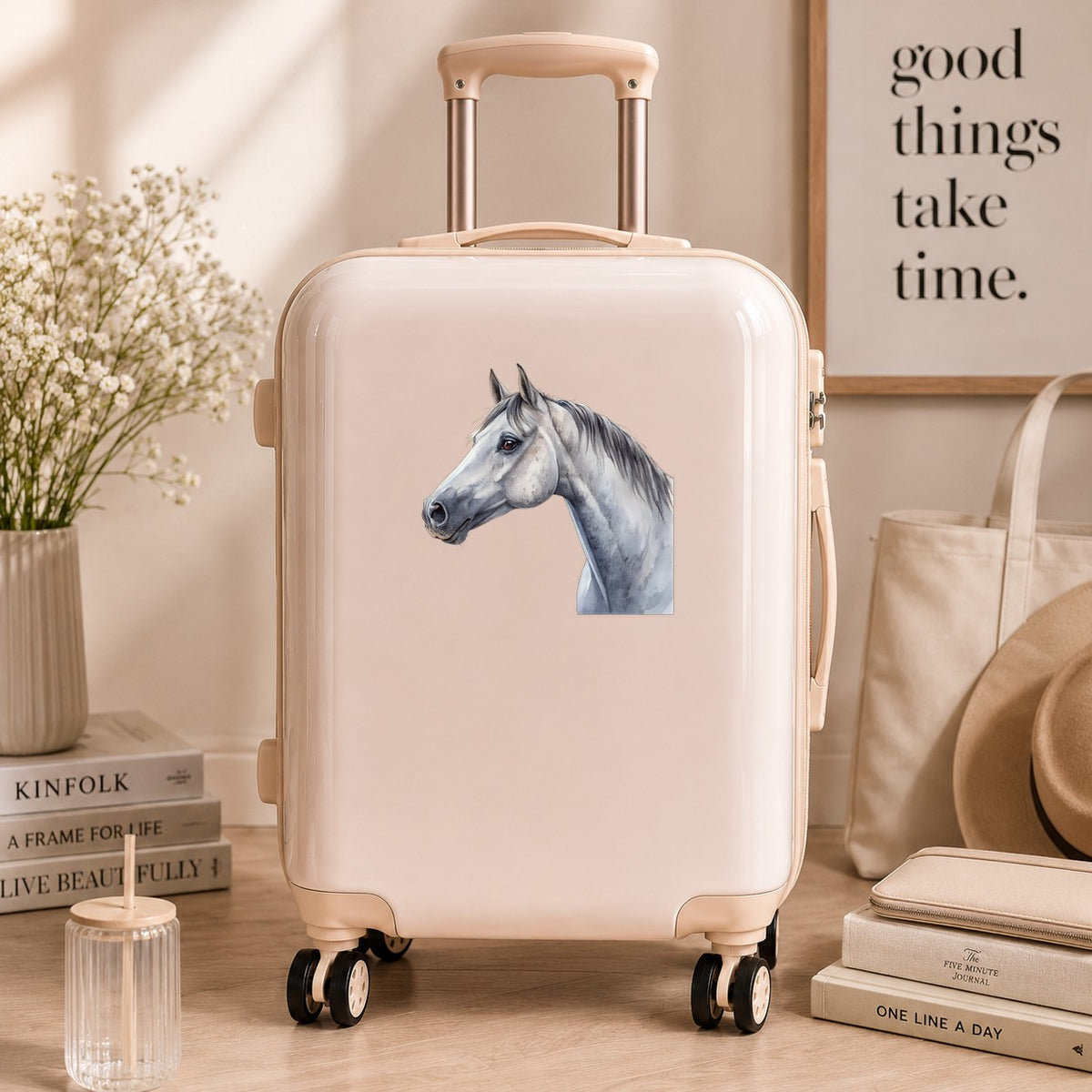 Dapple Gray Horse Portrait UV DTF sticker applied to a cream carry-on suitcase