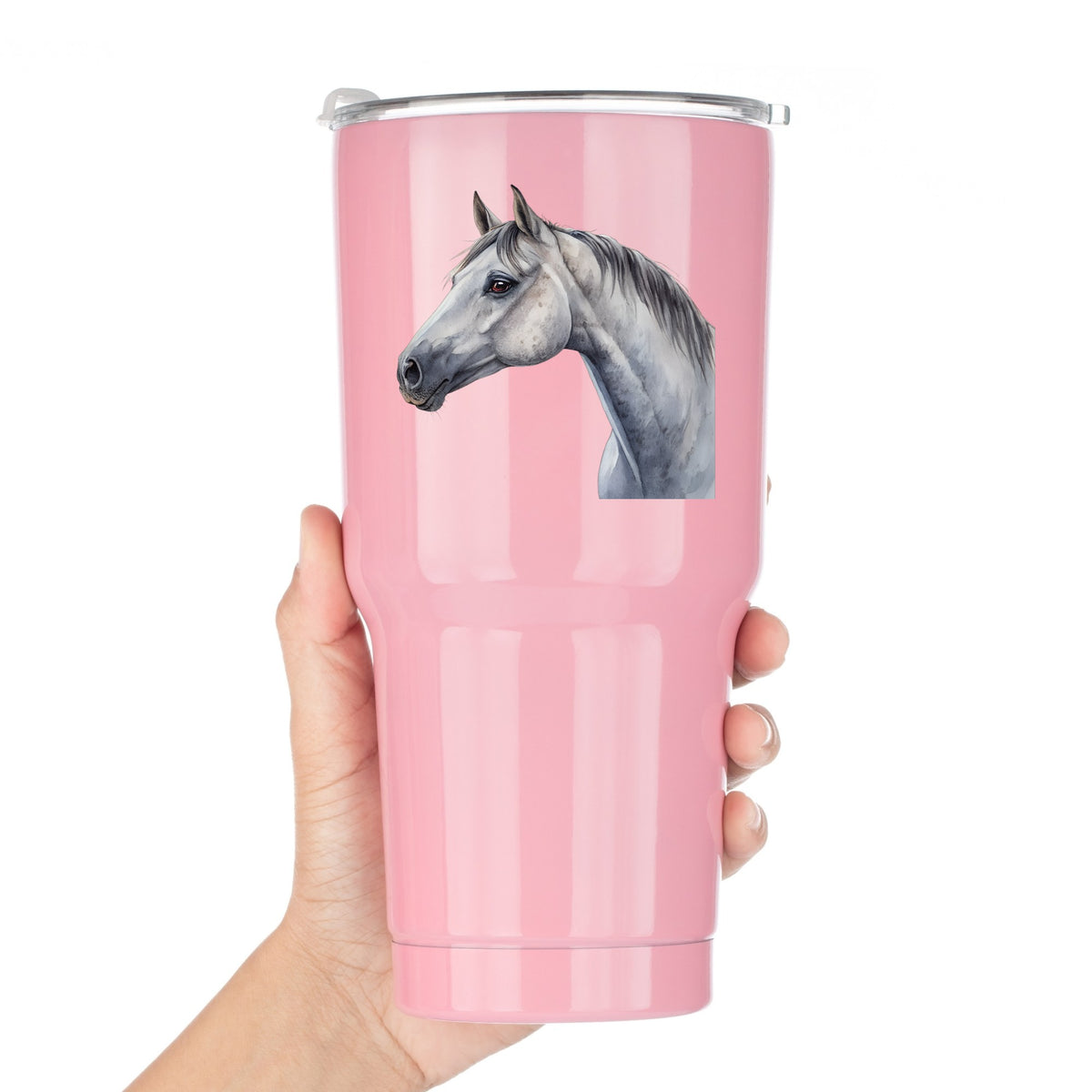 Dapple Gray Horse Portrait UV DTF sticker applied to a pink tumbler held against a white background