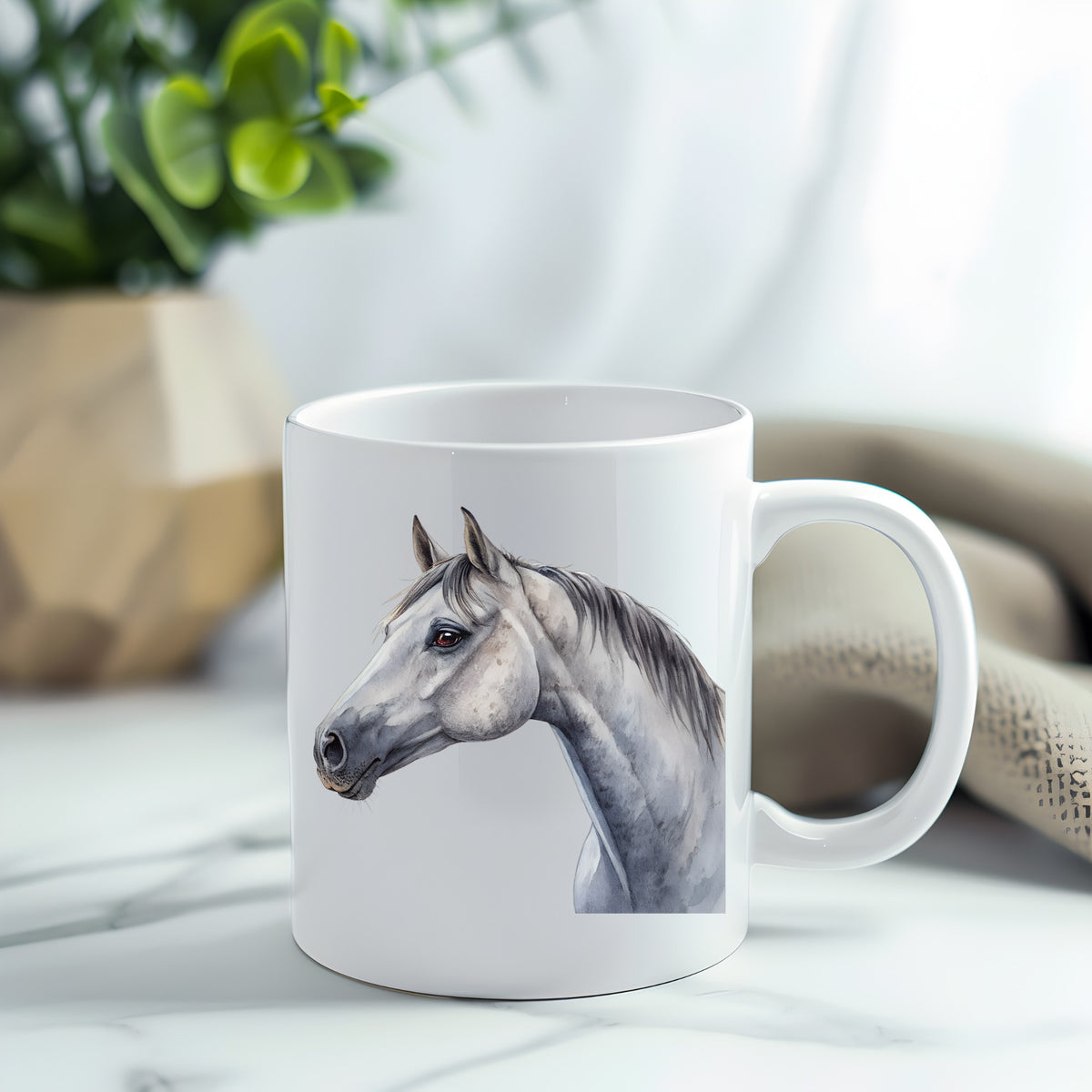 Dapple Gray Horse Portrait UV DTF sticker applied to a white coffee mug