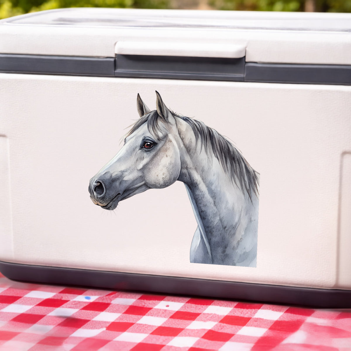 Dapple Gray Horse Portrait UV DTF sticker applied to a white cooler on a red gingham cloth