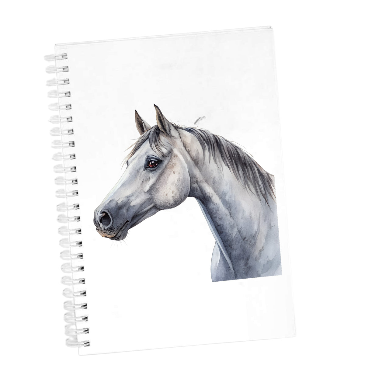 Dapple Gray Horse Portrait UV DTF sticker applied to the cover of a white spiral journal