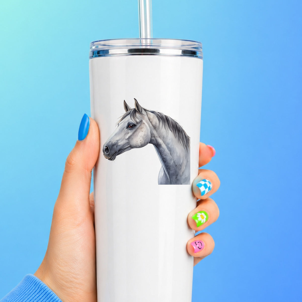 Dapple Gray Horse Portrait UV DTF sticker applied to a white straw tumbler on a blue background