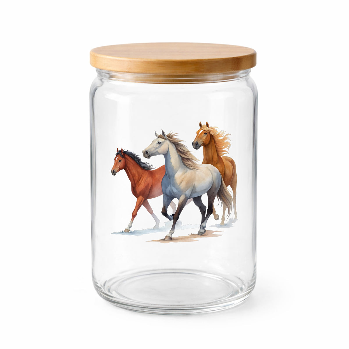 Three Horses Running UV DTF sticker applied to a clear glass jar with a wooden lid