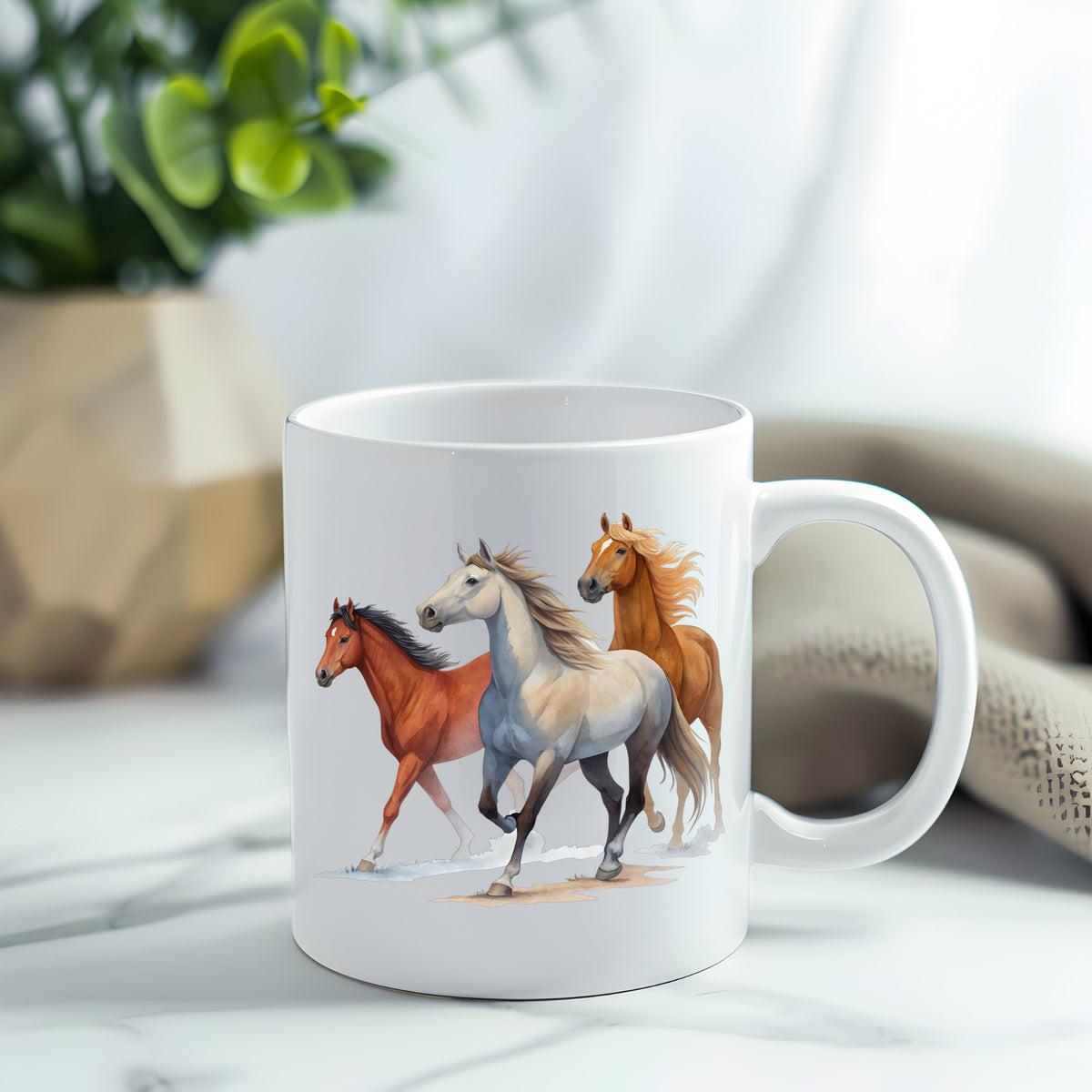 Three Horses Running UV DTF sticker applied to a white coffee mug