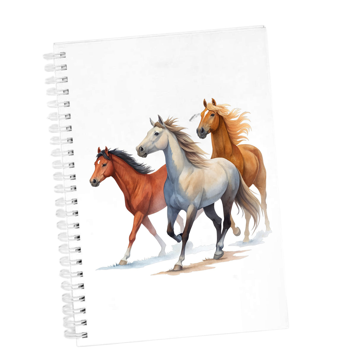 Three Horses Running UV DTF sticker applied to the cover of a white spiral journal