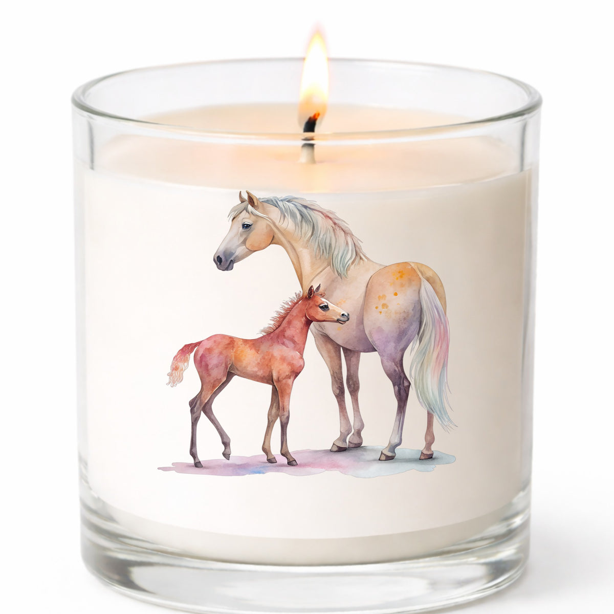 Pastel Mare And Pink Foal UV DTF sticker applied to a white candle in a clear glass jar