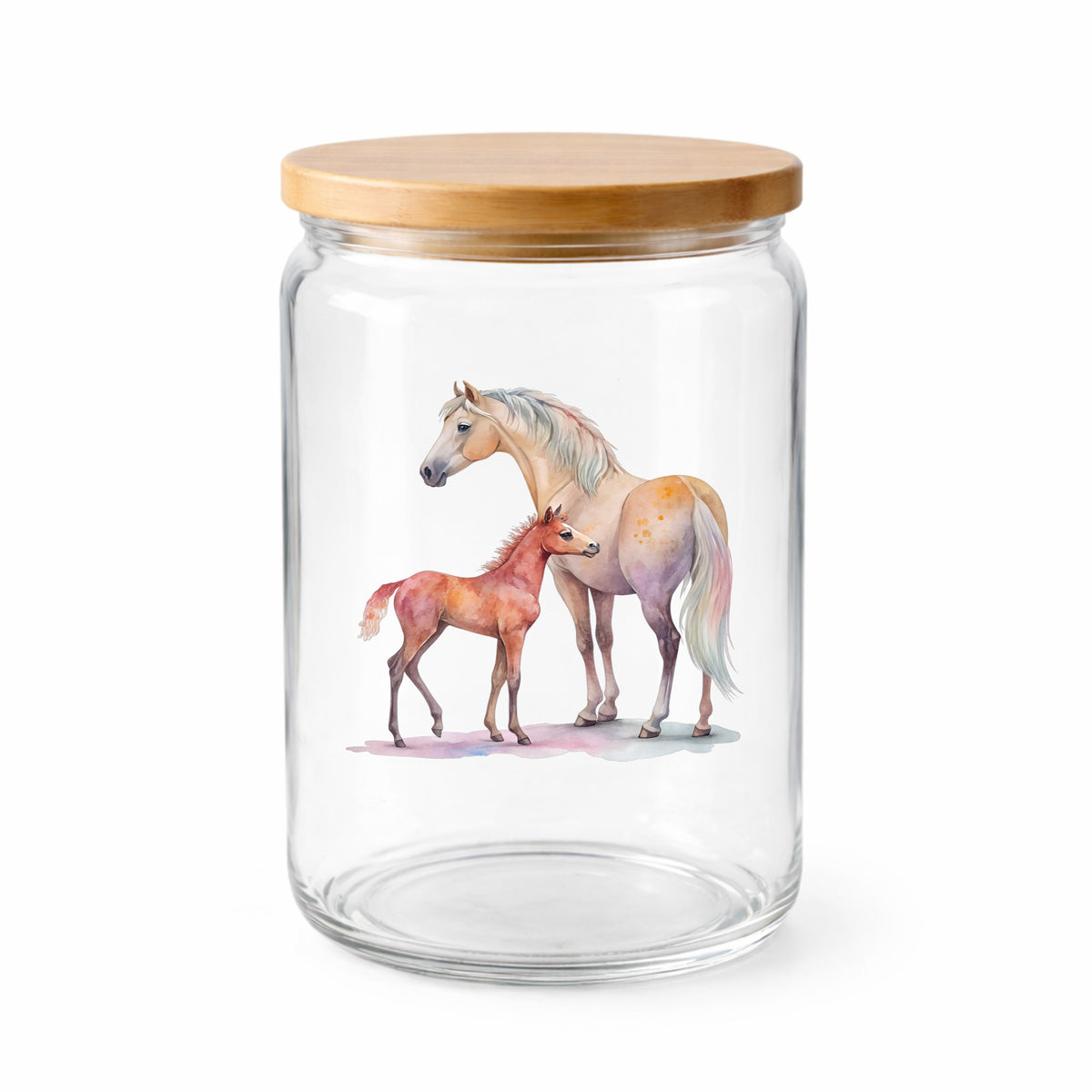 Pastel Mare And Pink Foal UV DTF sticker applied to a clear glass jar with a wooden lid