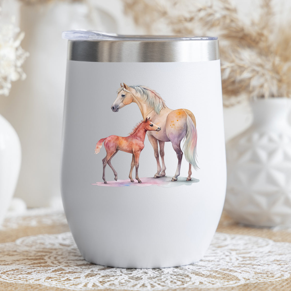Pastel Mare And Pink Foal UV DTF sticker applied to a white stemless tumbler with a lid