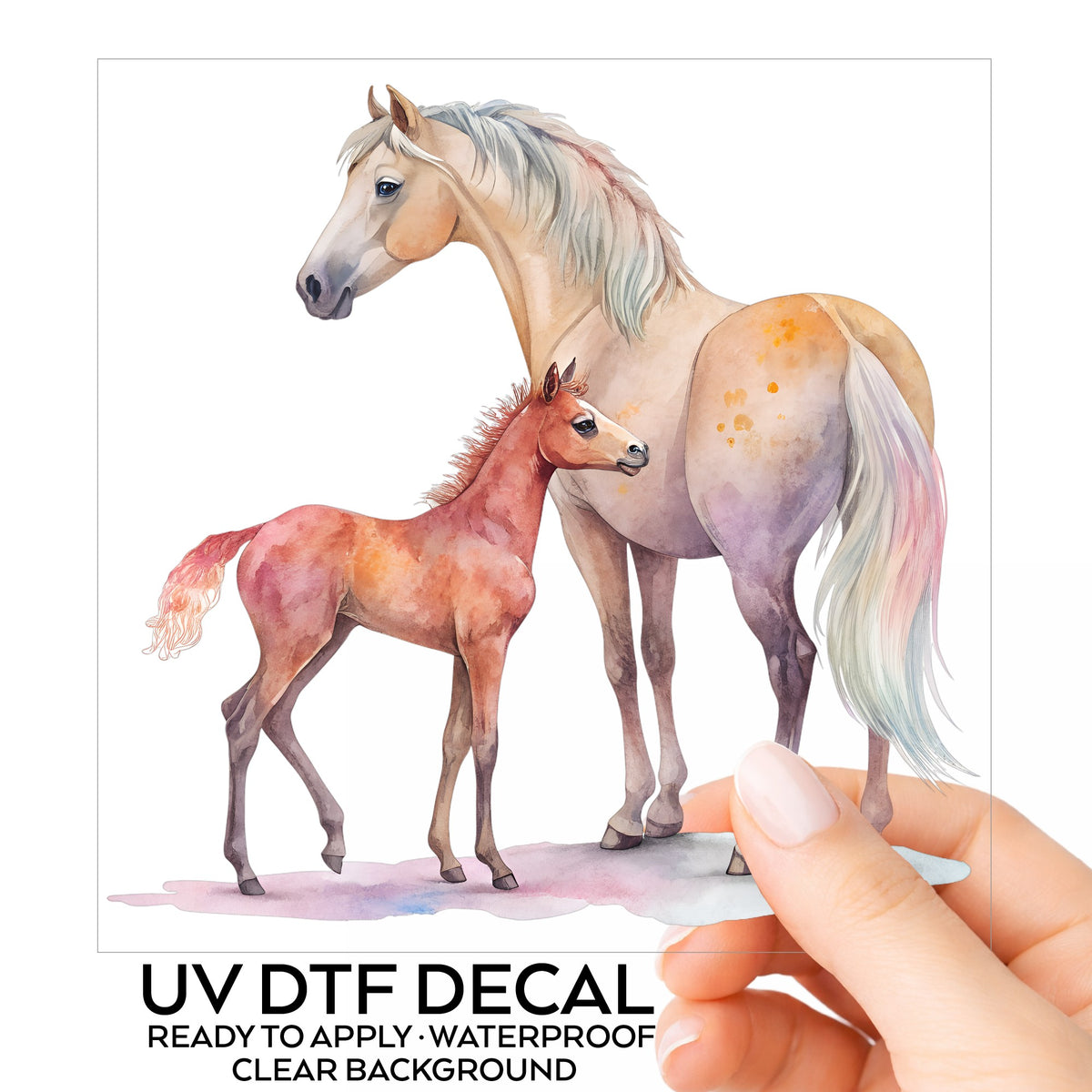 Pastel Mare And Pink Foal UV DTF sticker on its backing card, held in hand