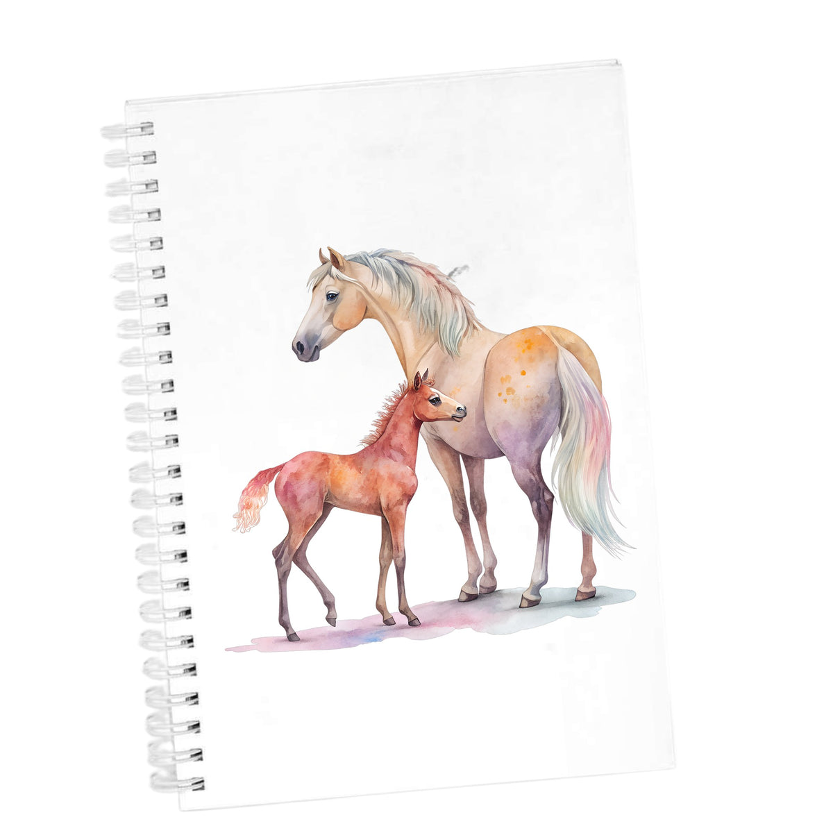 Pastel Mare And Pink Foal UV DTF sticker applied to the cover of a white spiral journal