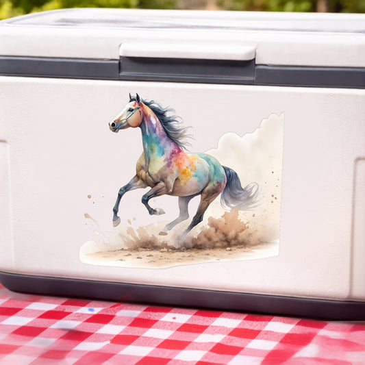 Colorful Horse Galloping In Dust UV DTF sticker applied to a white cooler on a red gingham cloth