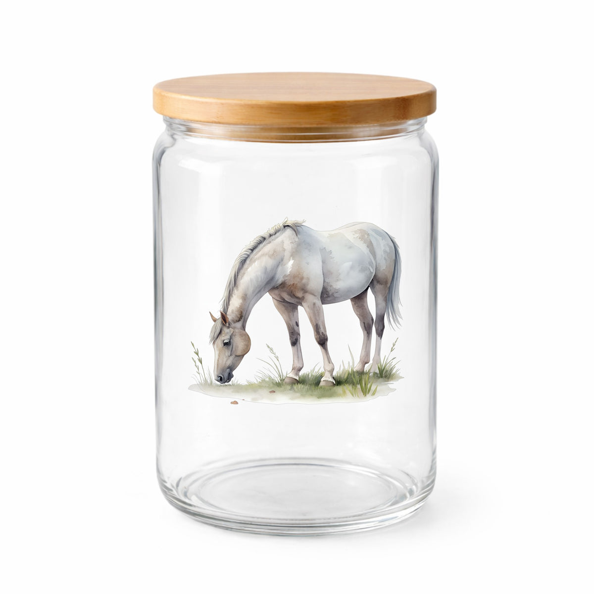 Gray Horse Grazing On Grass UV DTF sticker applied to a clear glass jar with a wooden lid