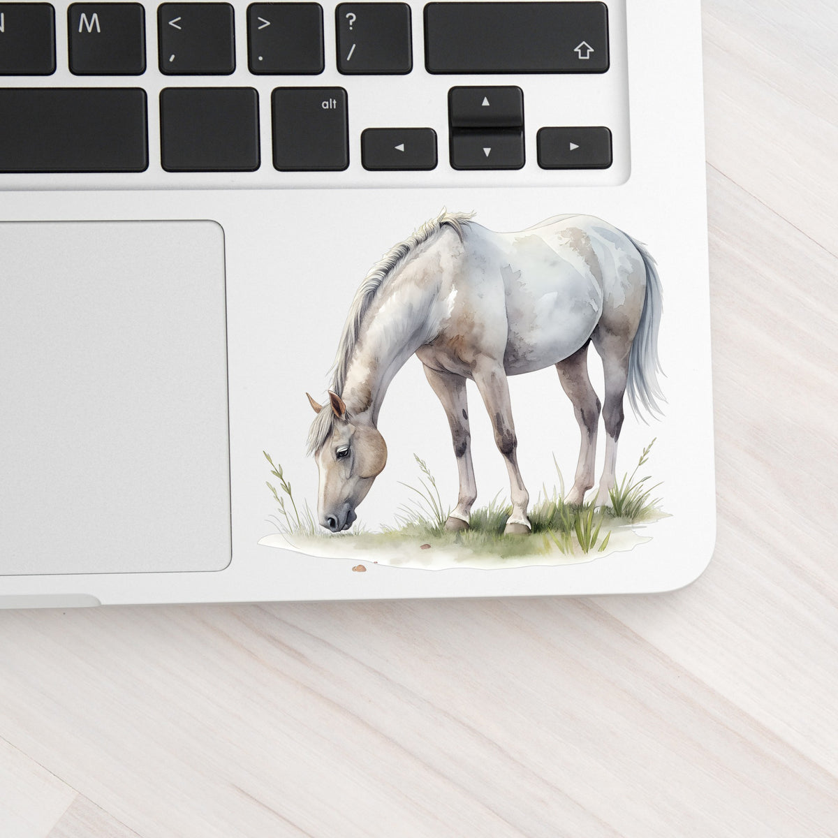 Gray Horse Grazing On Grass UV DTF sticker applied to a silver laptop beside the keyboard