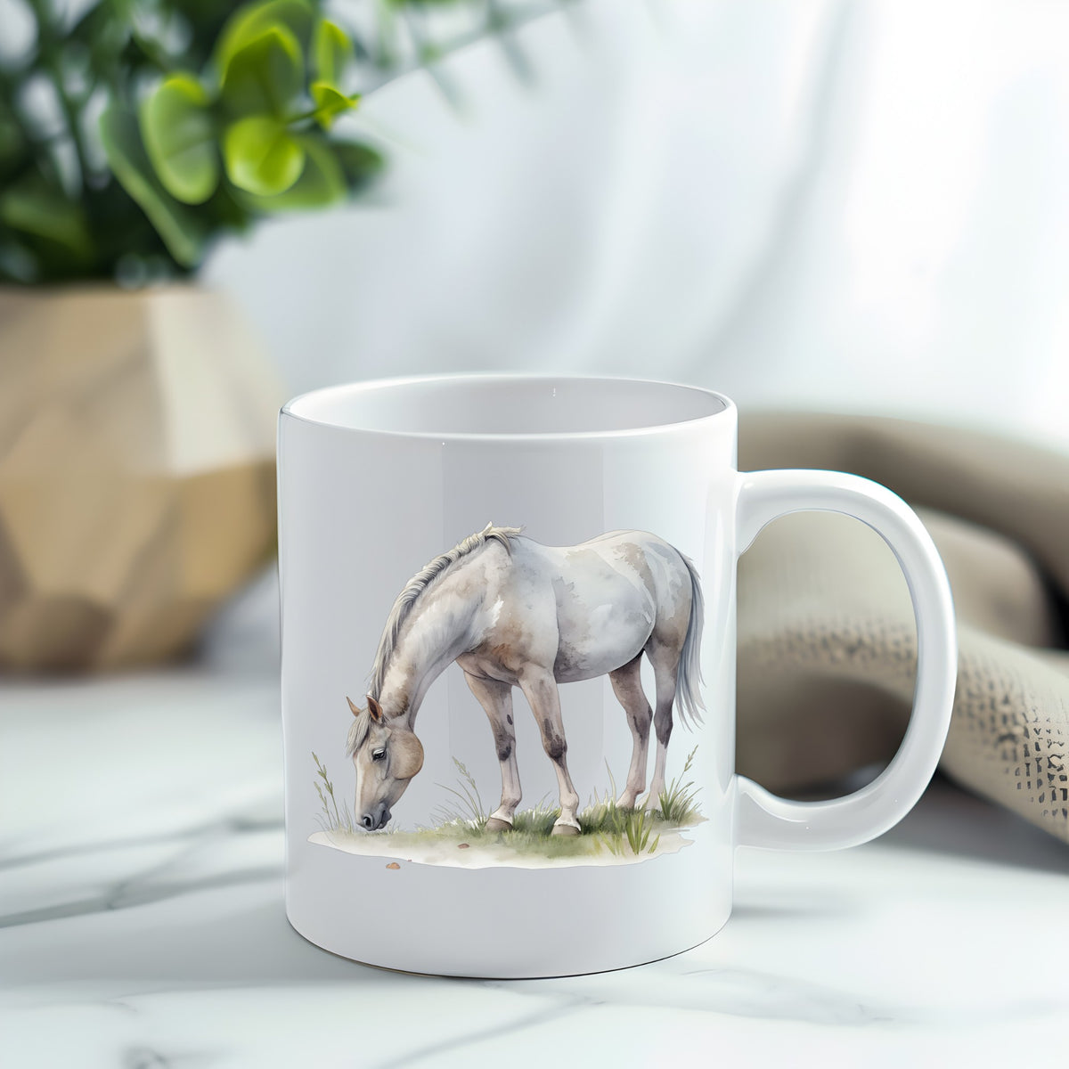 Gray Horse Grazing On Grass UV DTF sticker applied to a white coffee mug
