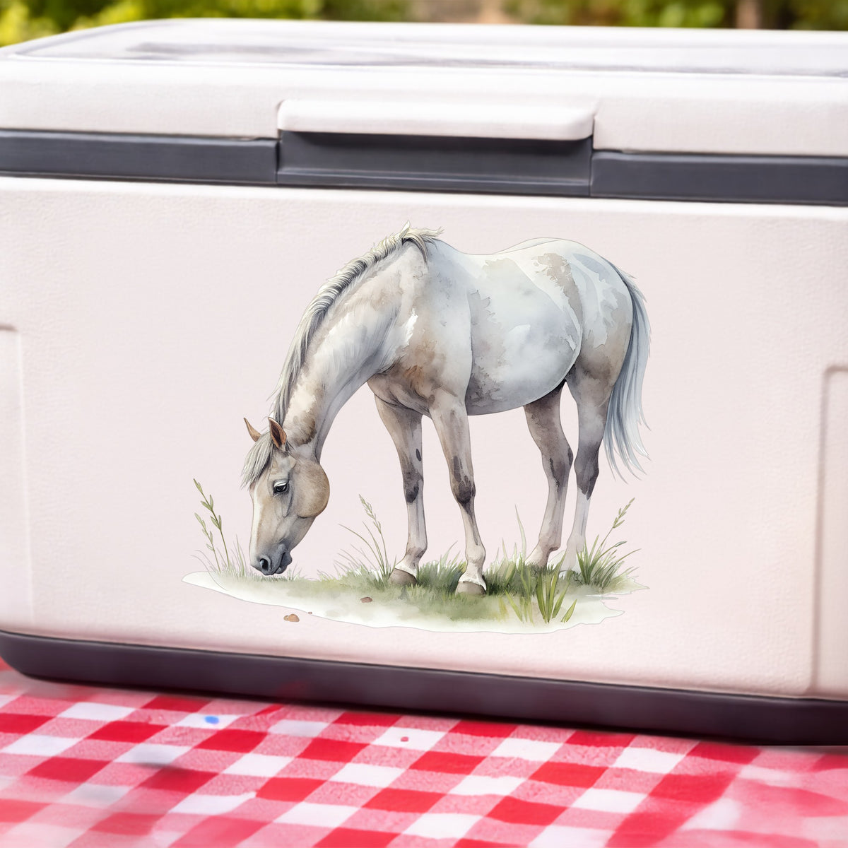Gray Horse Grazing On Grass UV DTF sticker applied to a white cooler on a red gingham cloth