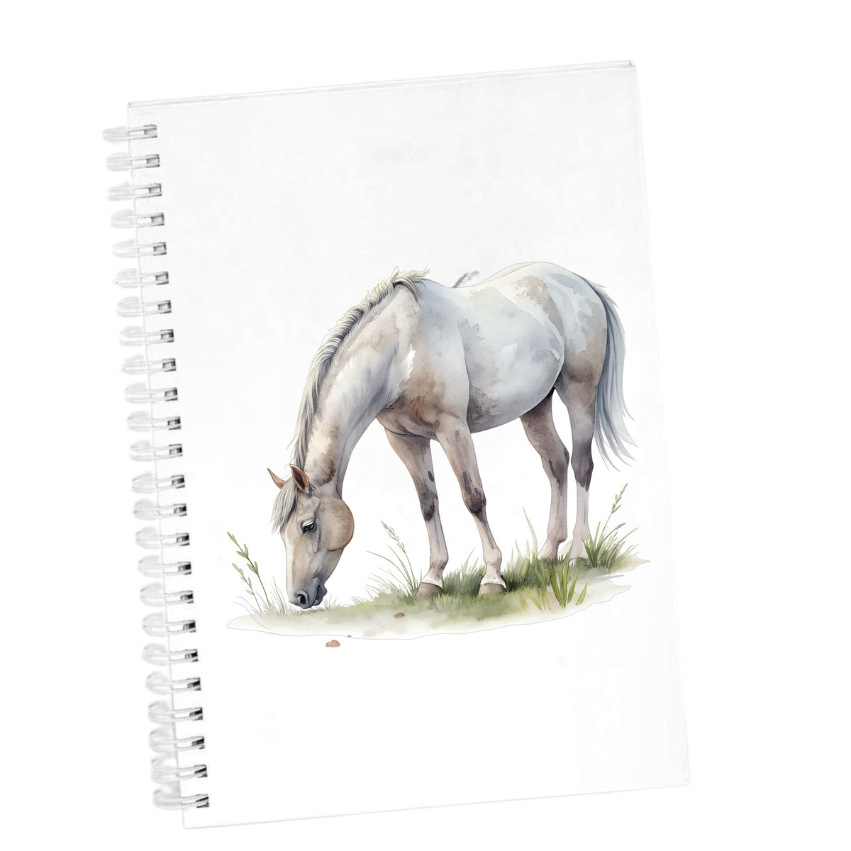 Gray Horse Grazing On Grass UV DTF sticker applied to the cover of a white spiral journal
