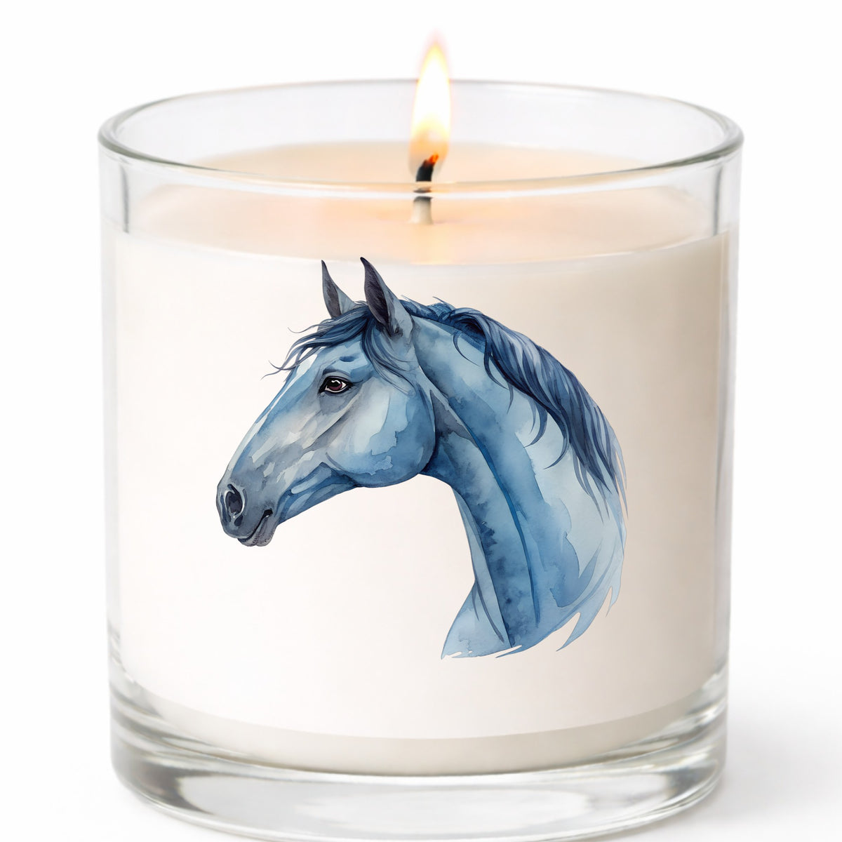 Blue Horse Head UV DTF sticker applied to a white candle in a clear glass jar