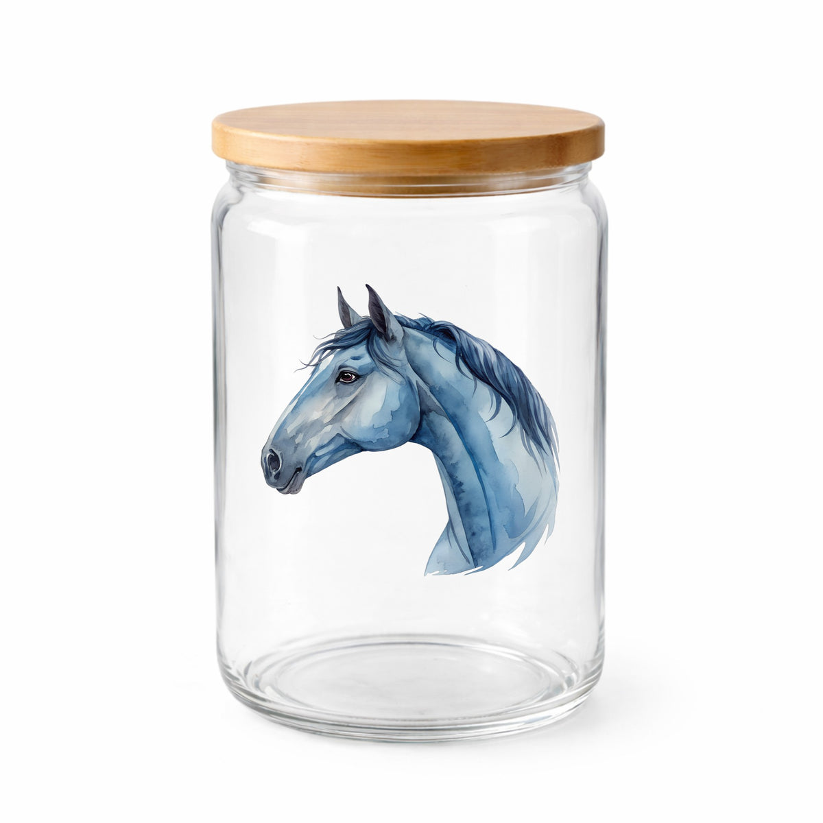 Blue Horse Head UV DTF sticker applied to a clear glass jar with a wooden lid