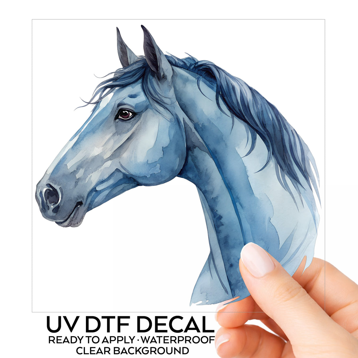 Blue Horse Head UV DTF sticker on its backing card, held in hand