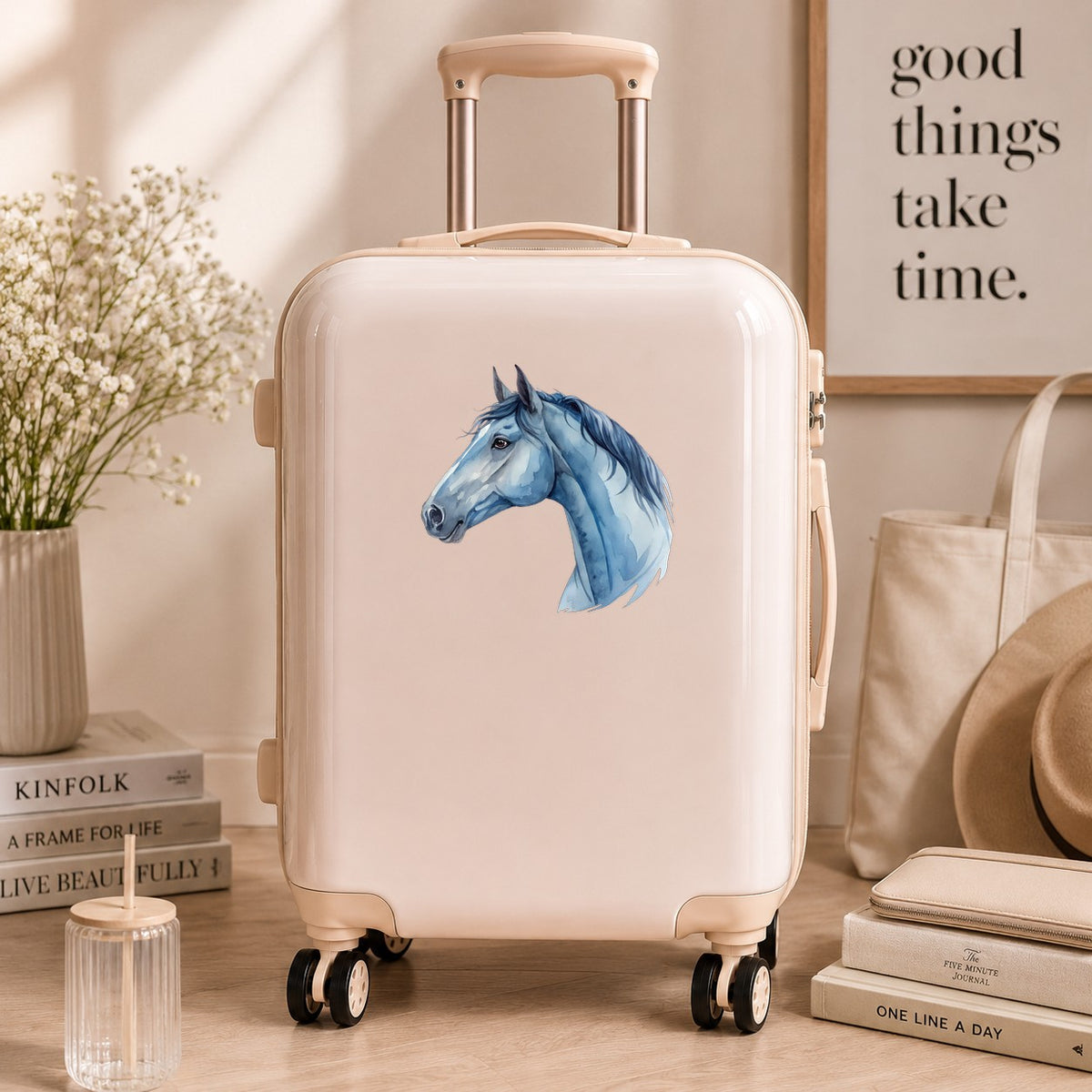 Blue Horse Head UV DTF sticker applied to a cream carry-on suitcase