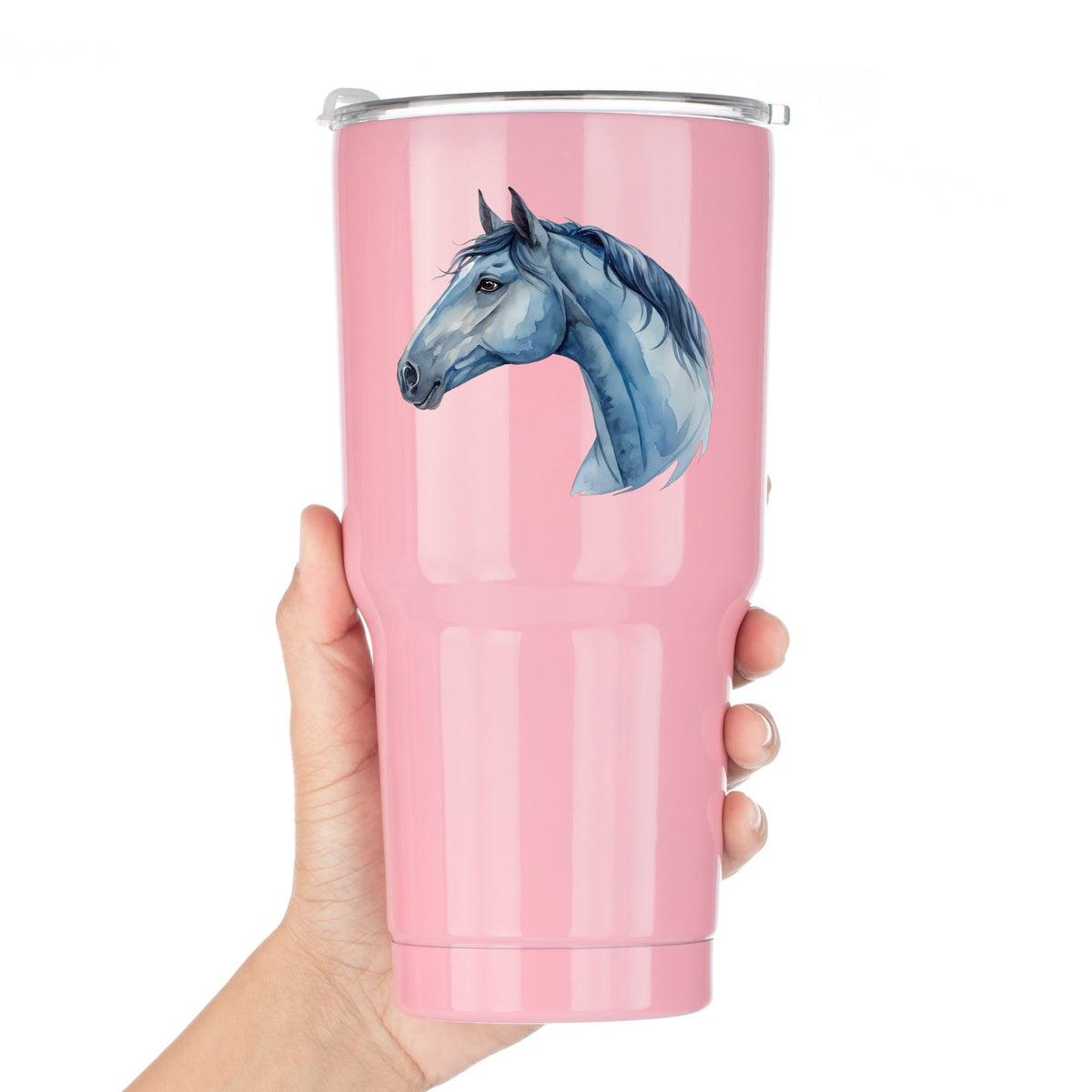 Blue Horse Head UV DTF sticker applied to a pink tumbler held against a white background