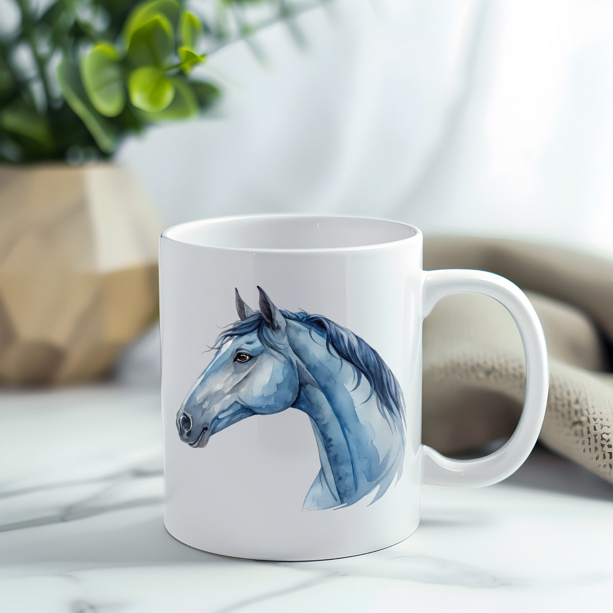 Blue Horse Head UV DTF sticker applied to a white coffee mug
