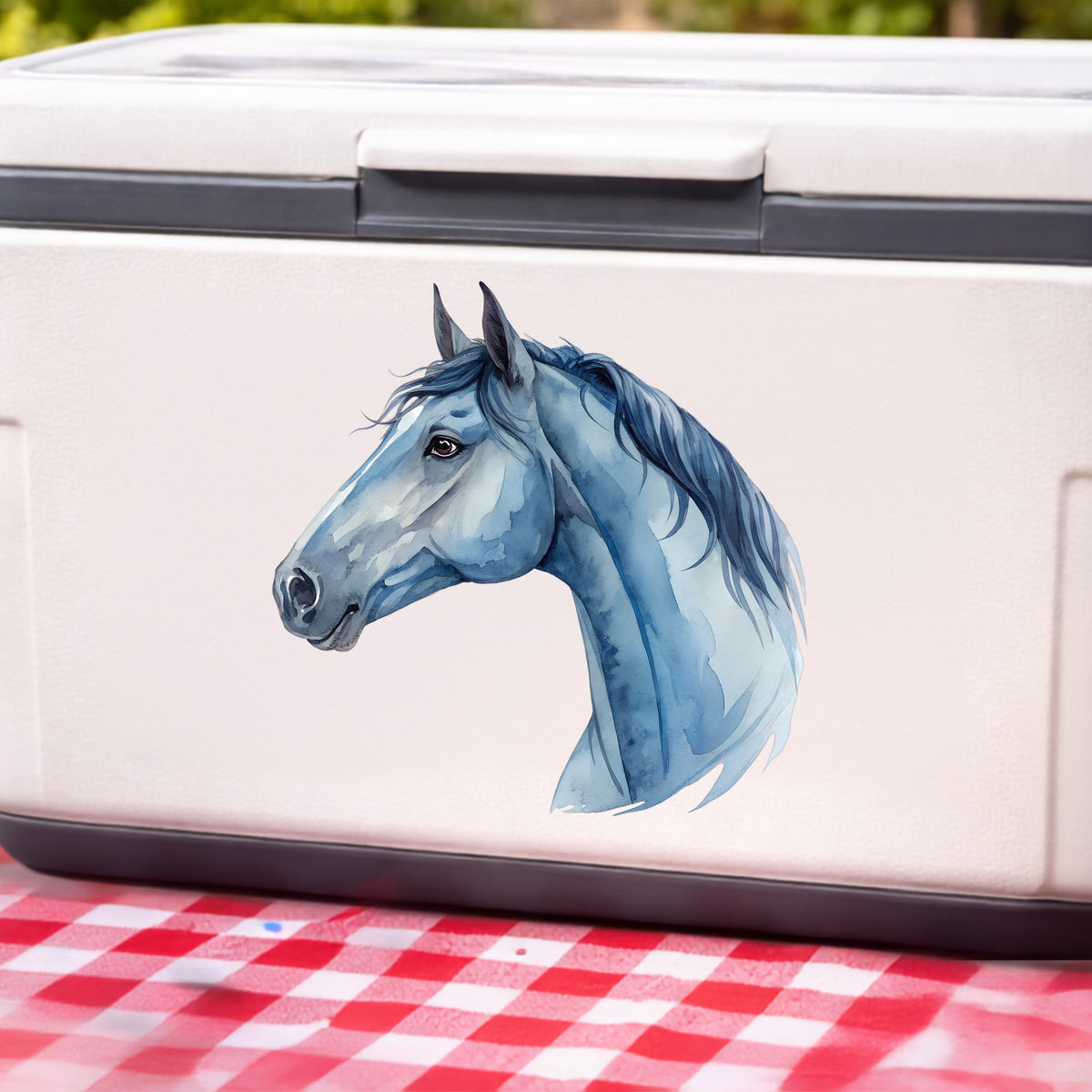 Blue Horse Head UV DTF sticker applied to a white cooler on a red gingham cloth