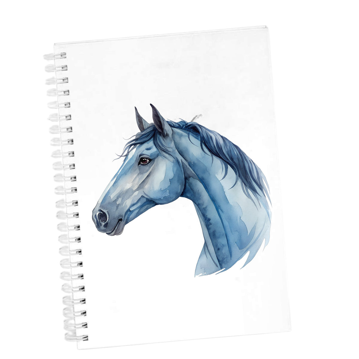Blue Horse Head UV DTF sticker applied to the cover of a white spiral journal