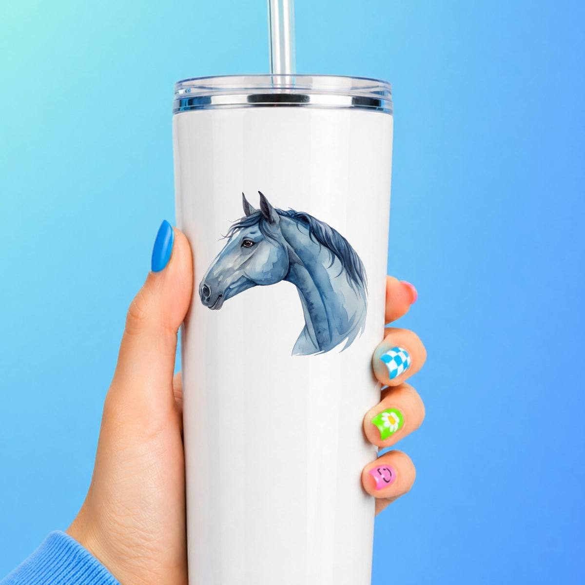 Blue Horse Head UV DTF sticker applied to a white straw tumbler on a blue background