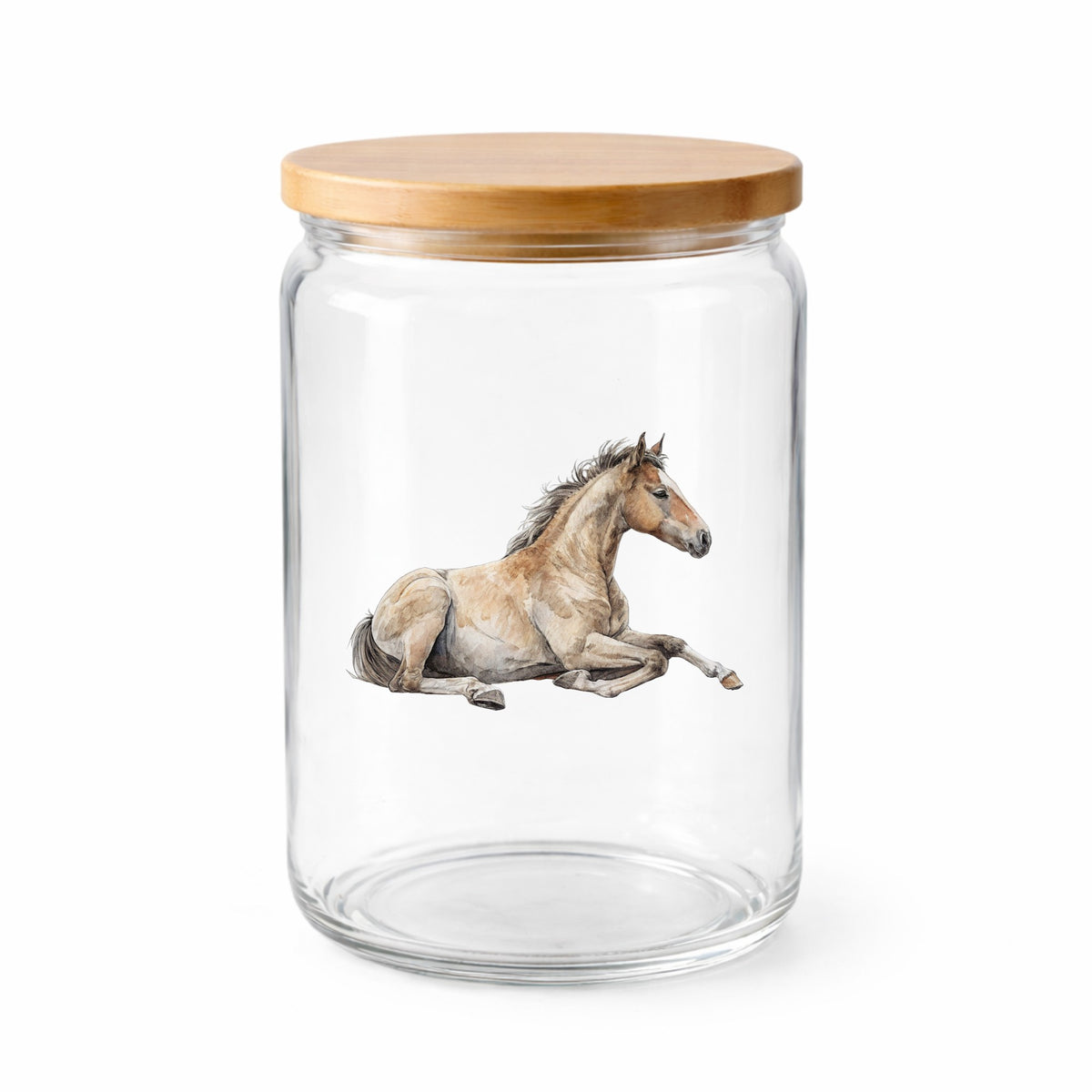 Buckskin Foal Lying Down UV DTF sticker applied to a clear glass jar with a wooden lid
