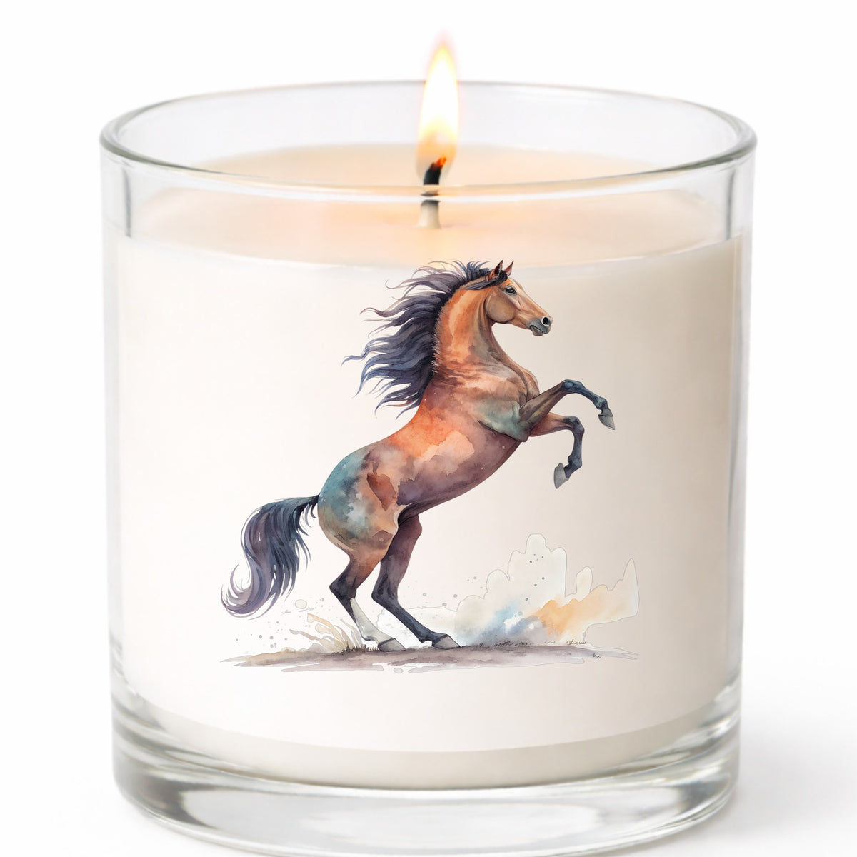 Bay Horse Rearing Up UV DTF sticker applied to a white candle in a clear glass jar