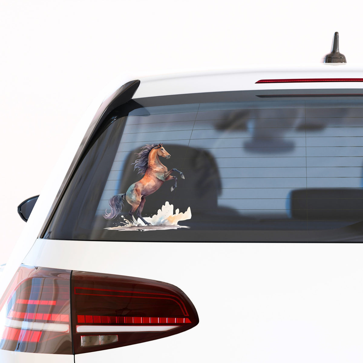 Bay Horse Rearing Up UV DTF sticker applied to the rear window of a white car