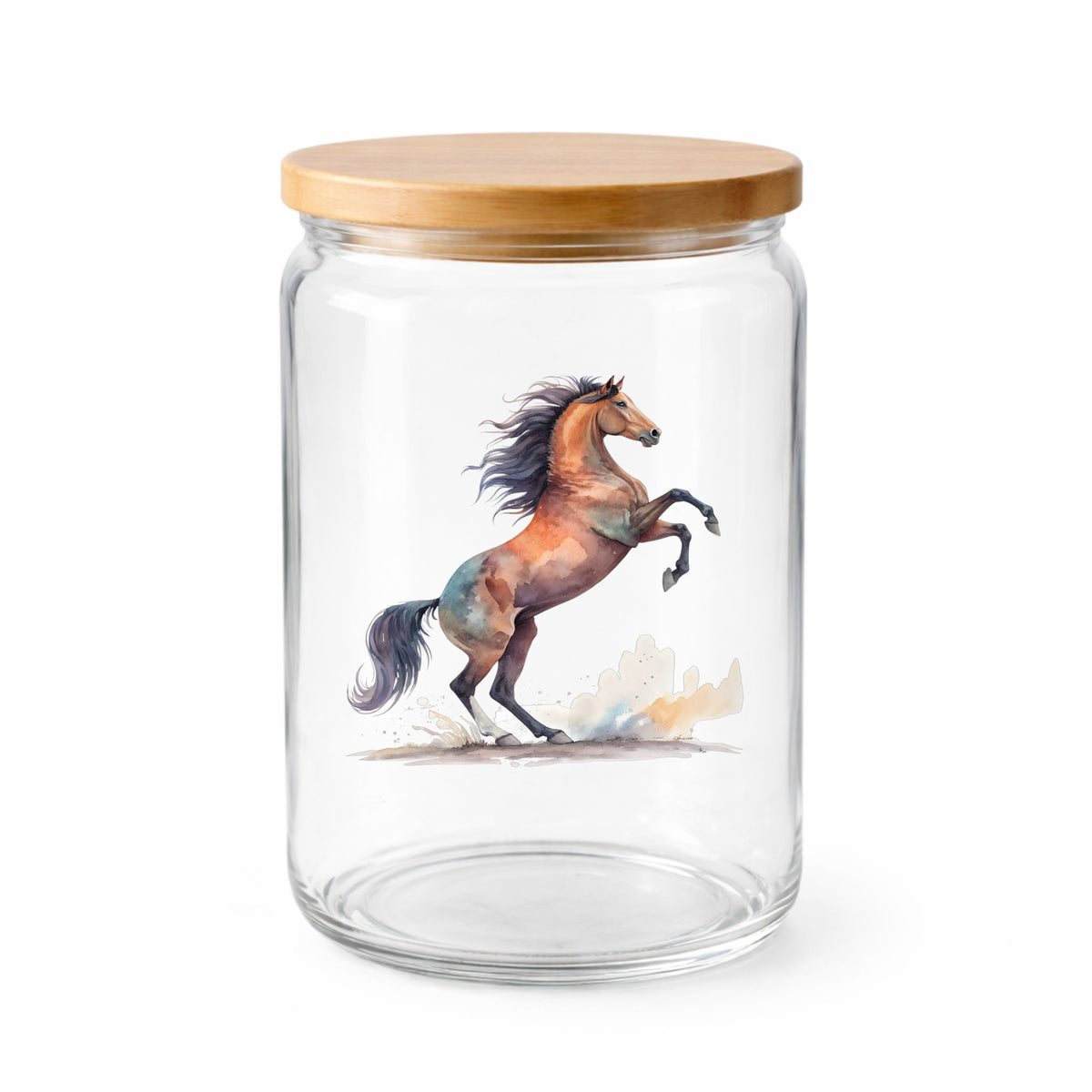Bay Horse Rearing Up UV DTF sticker applied to a clear glass jar with a wooden lid