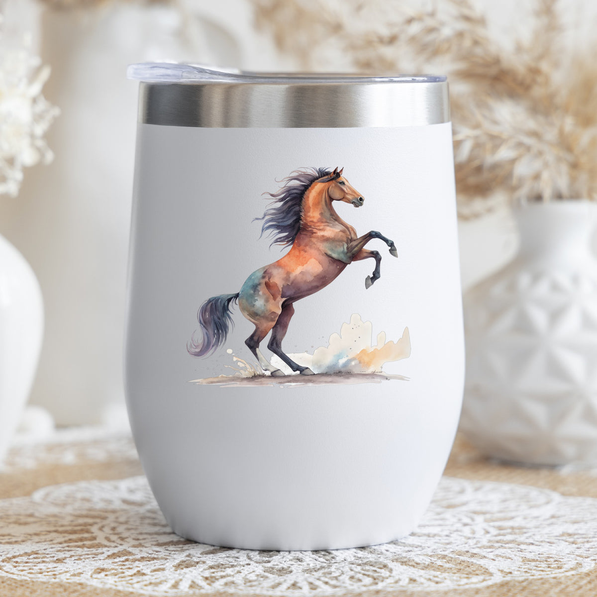 Bay Horse Rearing Up UV DTF sticker applied to a white stemless tumbler with a lid