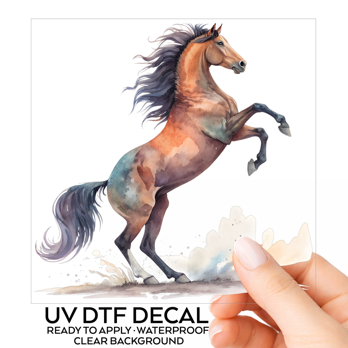 Bay Horse Rearing Up UV DTF sticker on its backing card, held in hand
