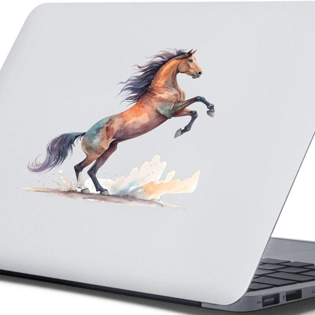 Bay Horse Rearing Up UV DTF sticker applied to the lid of a silver laptop