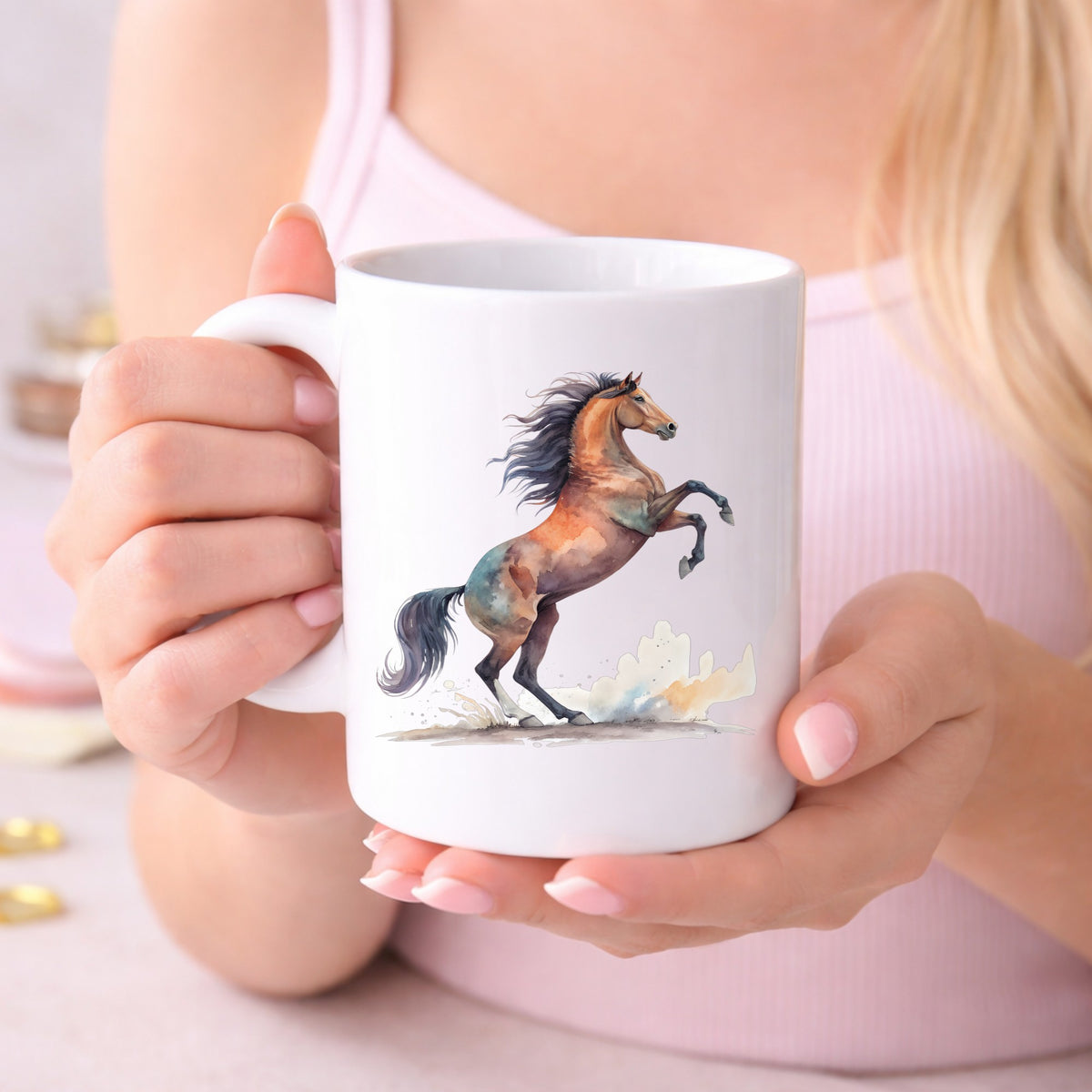 Bay Horse Rearing Up UV DTF sticker applied to a white coffee mug held in both hands