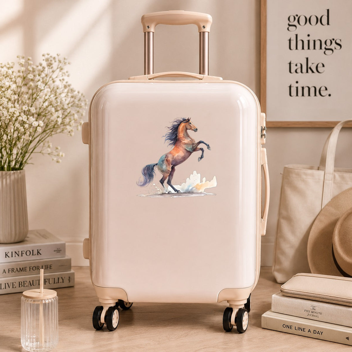 Bay Horse Rearing Up UV DTF sticker applied to a cream carry-on suitcase