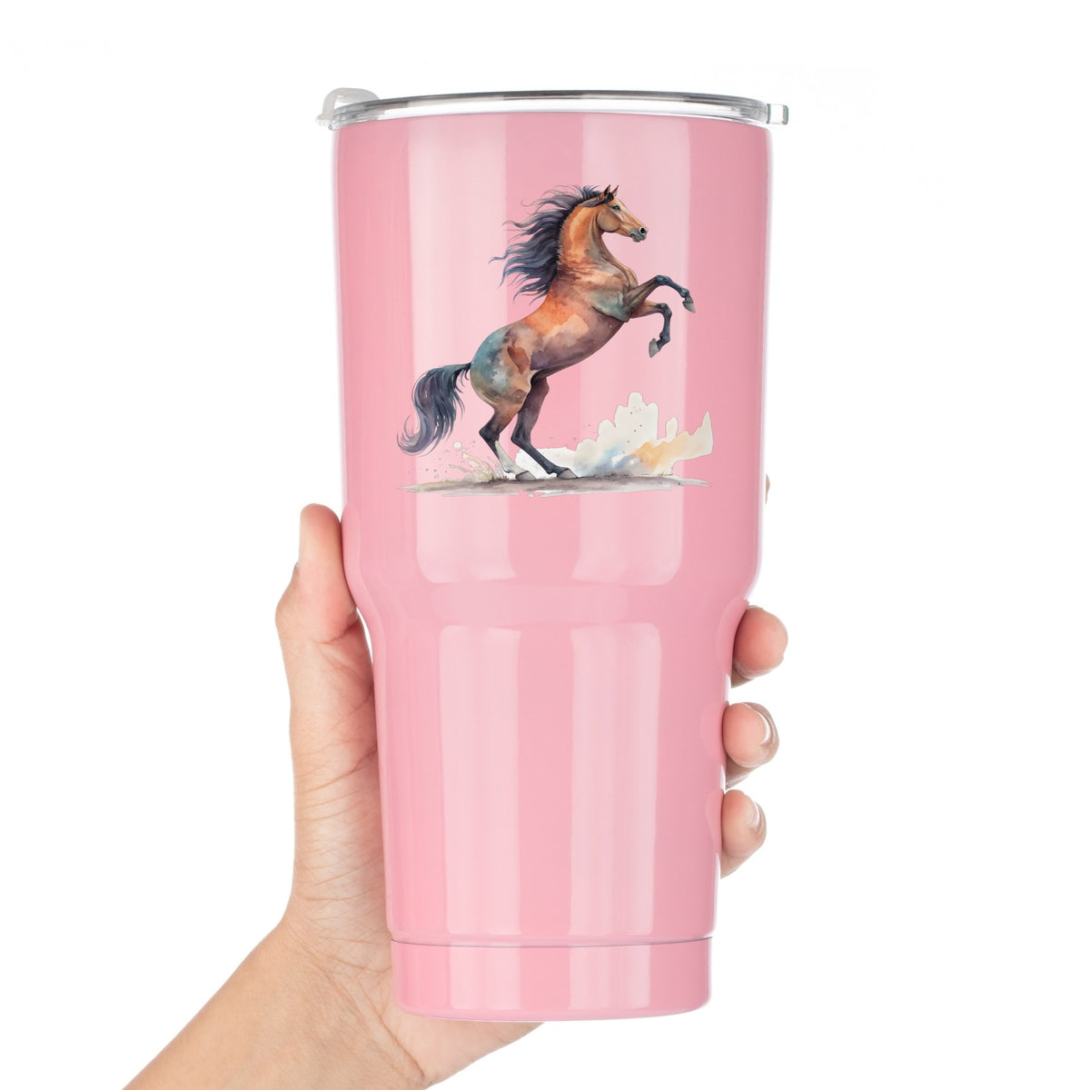 Bay Horse Rearing Up UV DTF sticker applied to a pink tumbler held against a white background