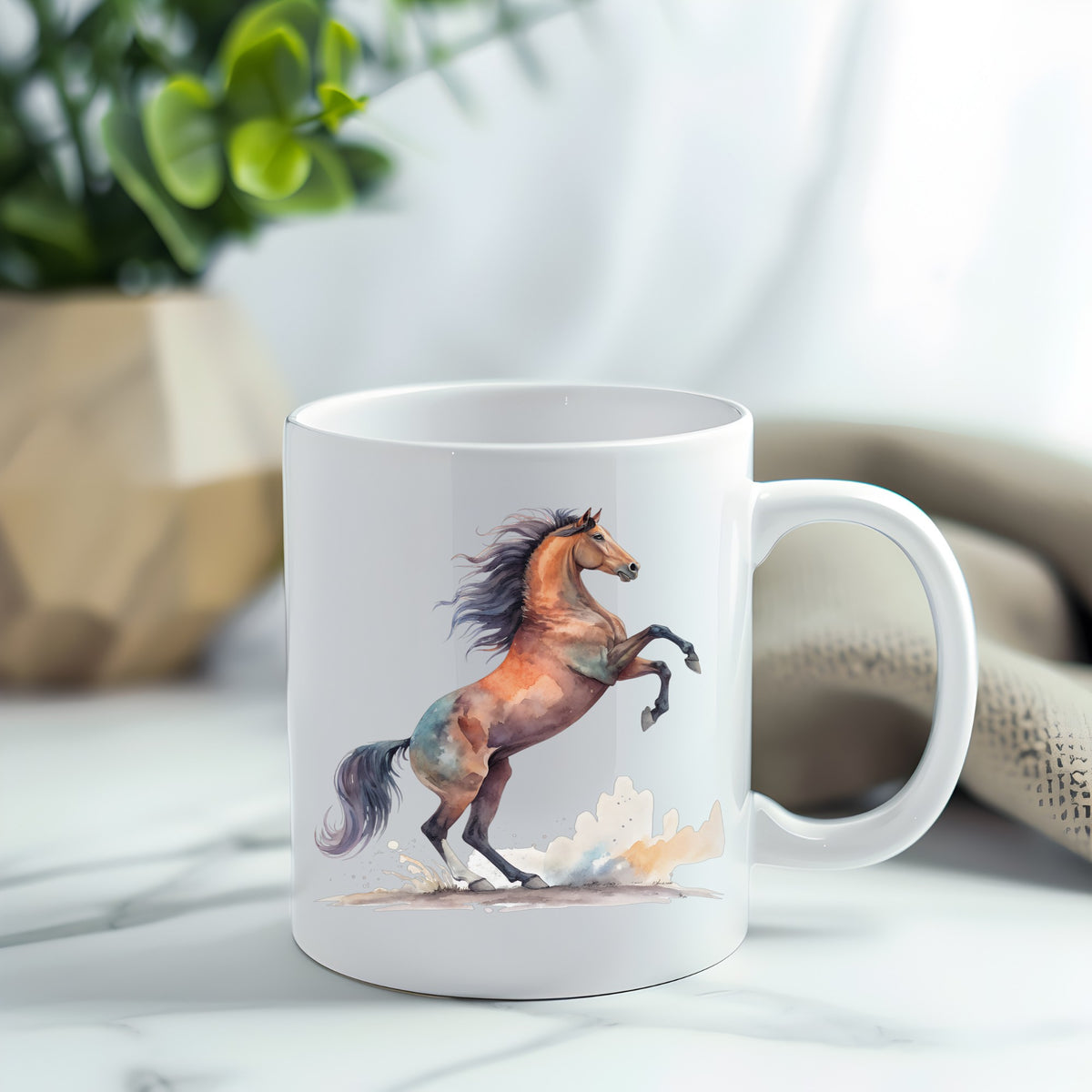 Bay Horse Rearing Up UV DTF sticker applied to a white coffee mug