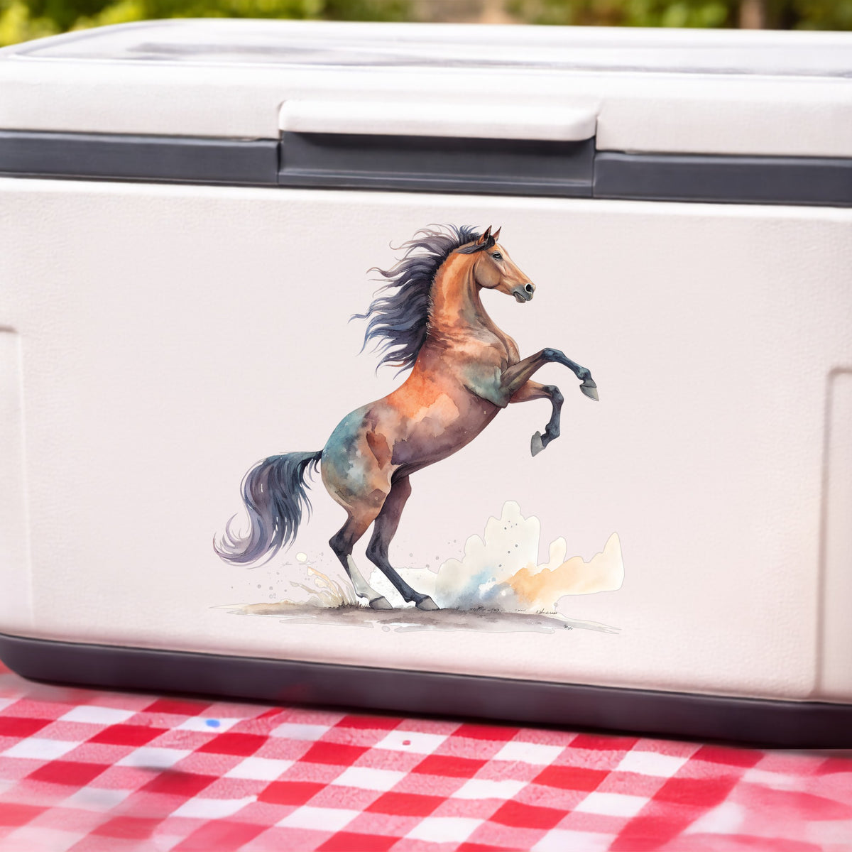 Bay Horse Rearing Up UV DTF sticker applied to a white cooler on a red gingham cloth