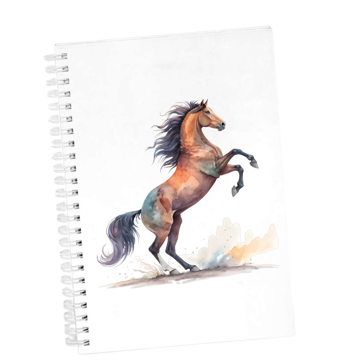 Bay Horse Rearing Up UV DTF sticker applied to the cover of a white spiral journal