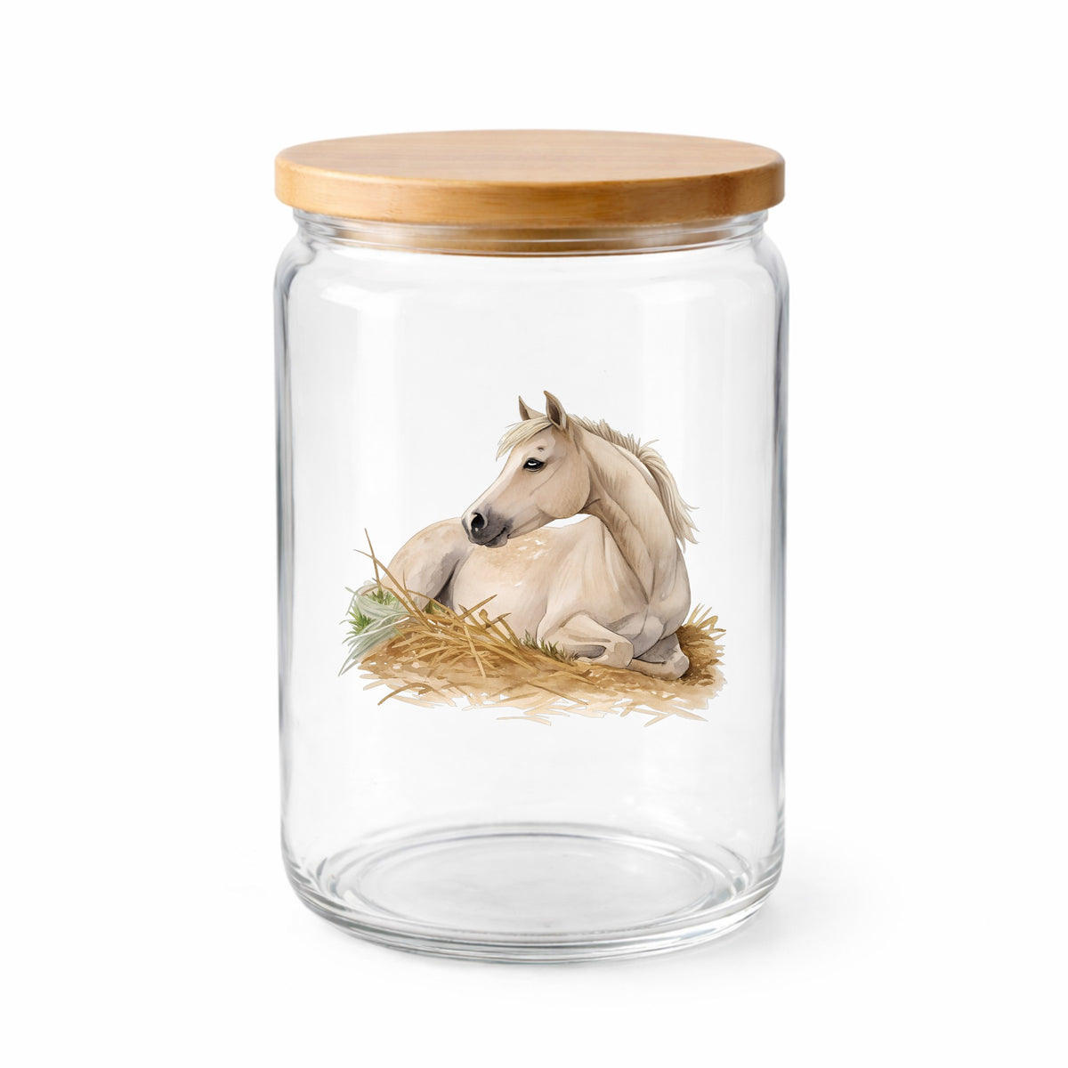 Cream Horse Resting In Hay UV DTF sticker applied to a clear glass jar with a wooden lid